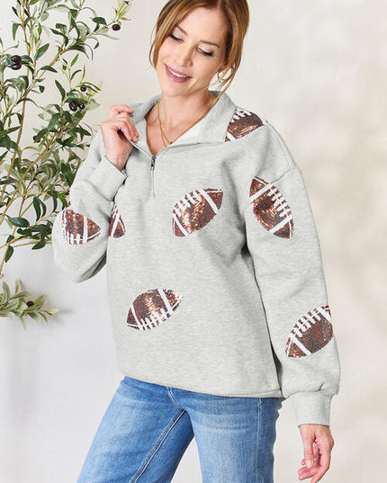 Double Take Full Size Sequin Football Half Zip Long Sleeve Sweatshirt
