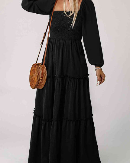 Square Neck Long Sleeve Tiered Dress