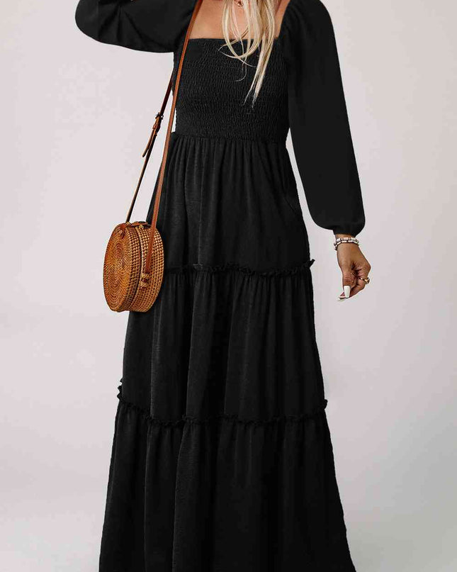 Square Neck Long Sleeve Tiered Dress