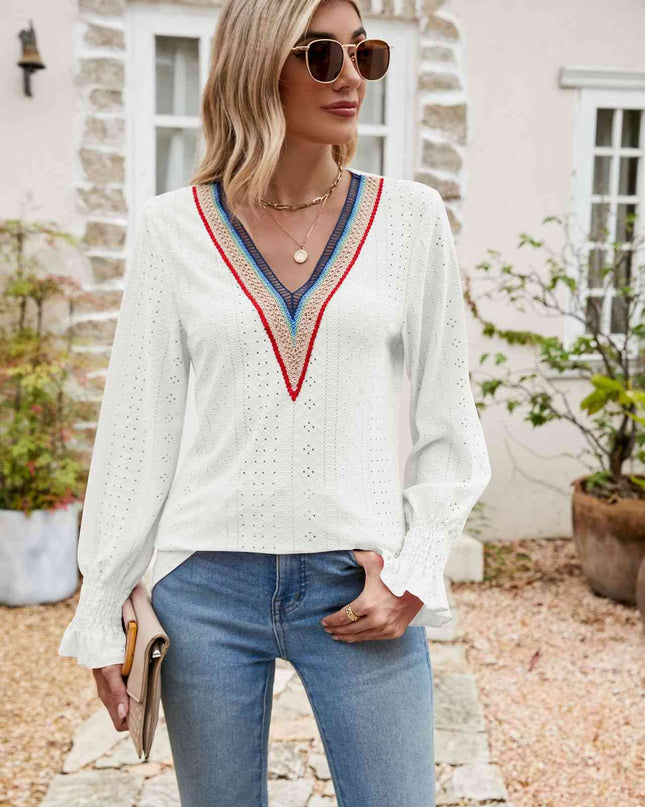 Eyelet Flounce Sleeve V-Neck Blouse