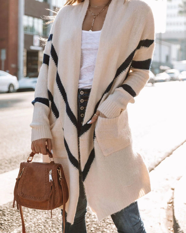 Contrast Open Front Cardigan with Pockets
