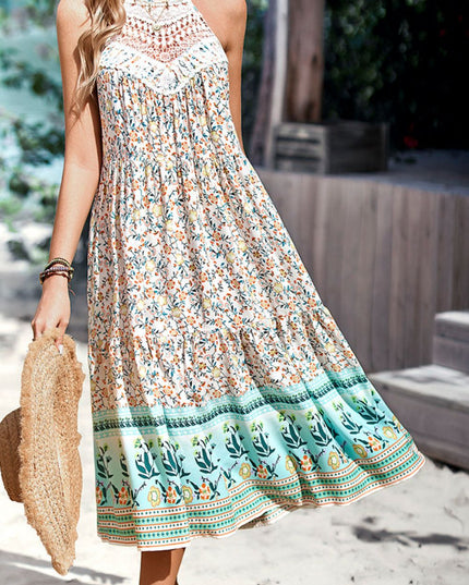 Floral Print Bohemian Style Round Neck Sleeveless Dress