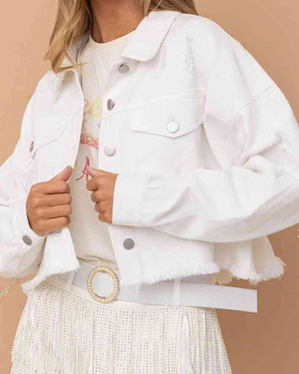 Distressed Raw Hem Dropped Shoulder Denim Jacket