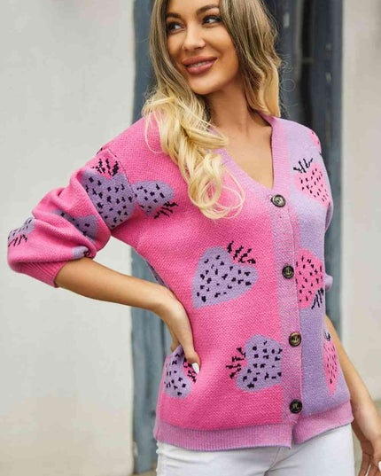 Printed V-Neck Button-Down Long Sleeve Cardigan