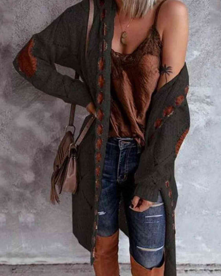 Openwork Long Sleeve Open Front Hooded Cardigan