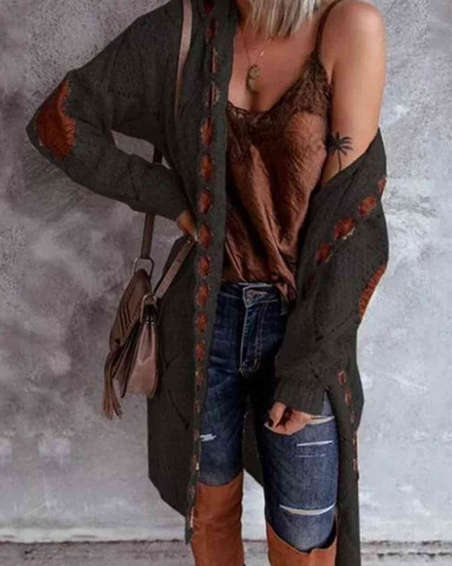 Openwork Long Sleeve Open Front Hooded Cardigan