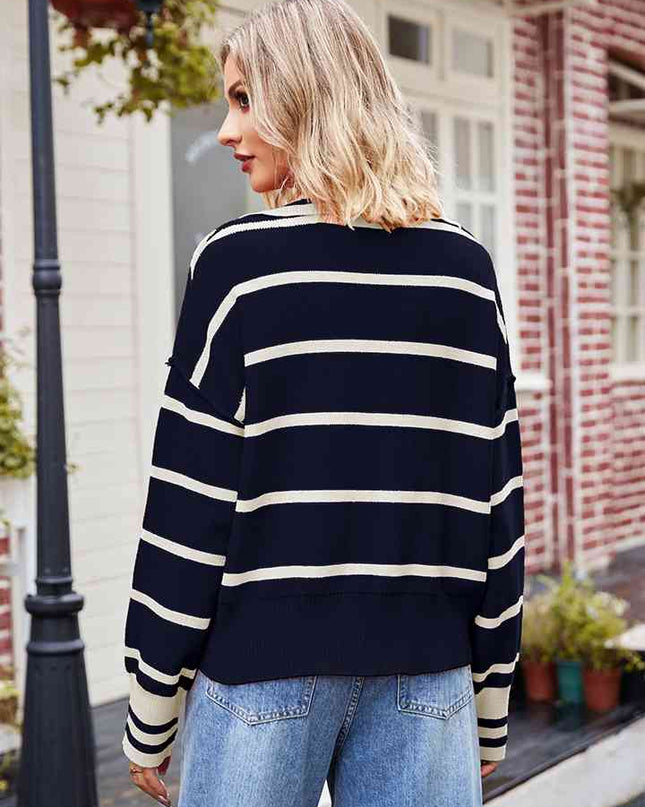 Striped Dropped Shoulder Notched Neck Knit Top