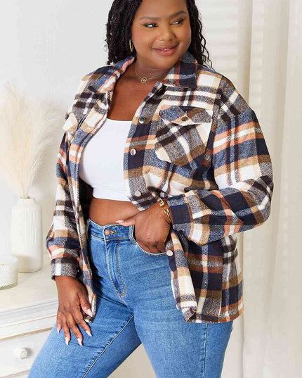 Double Take Plaid Button Front Shirt Jacket with Breast Pockets