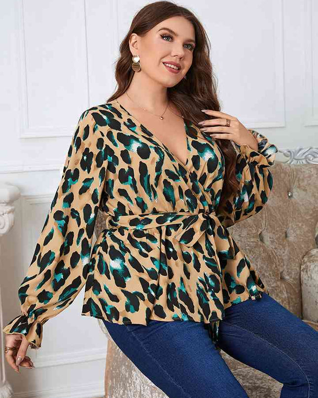 Plus Size Printed Tie Waist Flounce Sleeve Blouse