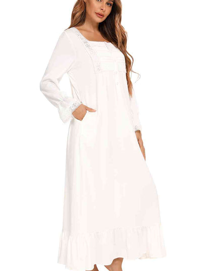 Lace Detail Square Neck Flounce Sleeve Night Dress