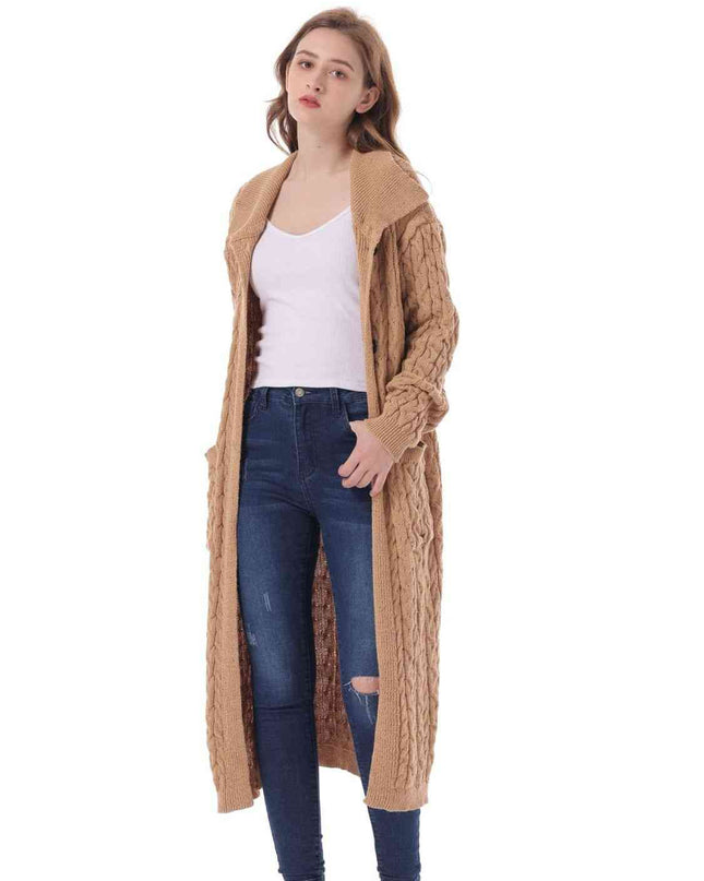 Cable-Knit Collared Neck Cardigan with Pockets
