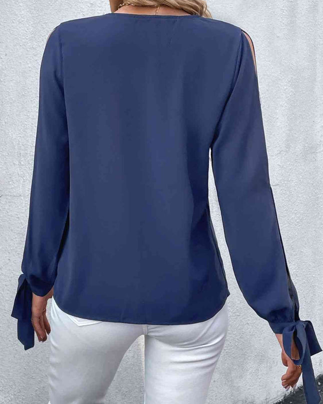 Double Take V-Neck Tie Cuff Slit Blouse
