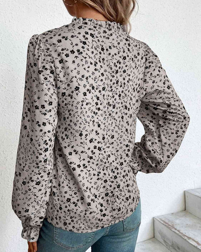 Notched Neck Flounce Sleeve Blouse