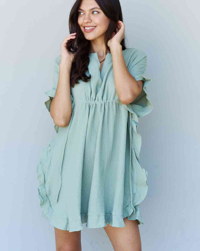 Ninexis Out Of Time Full Size Ruffle Hem Dress with Drawstring Waistband in Light Sage