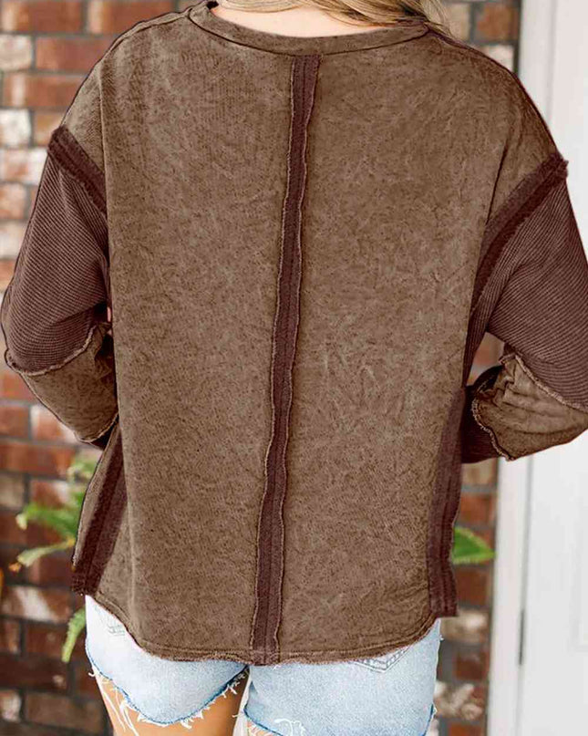 Full Size Exposed Seams Round Neck Dropped Shoulder Sweatshirt