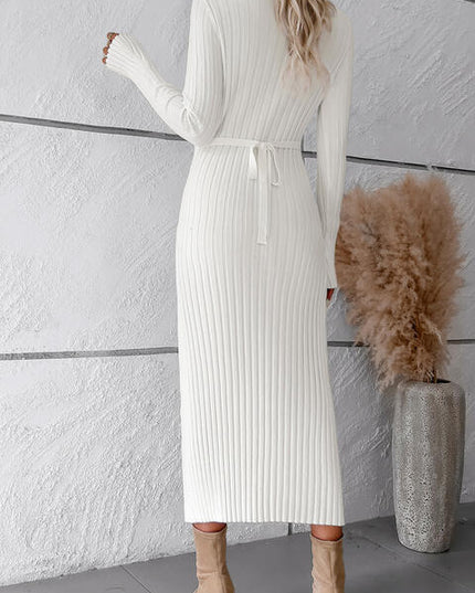 V-Neck Long Sleeve Ribbed Sweater Dress