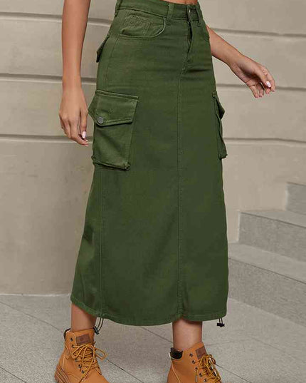 Drawstring Denim Skirt with Pockets