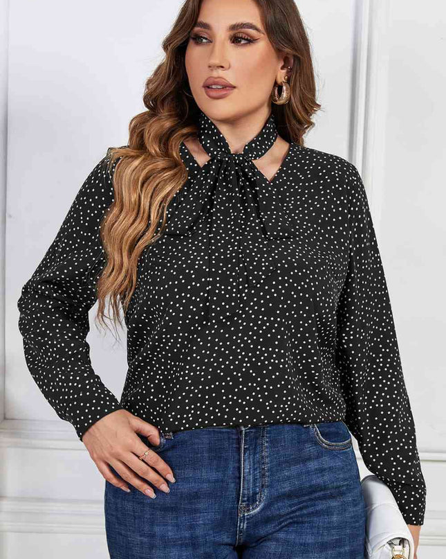 Melo Apparel Plus Size Printed Tie Neck Long Sleeve Blouse