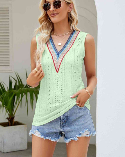 Contrast V-Neck Eyelet Tank