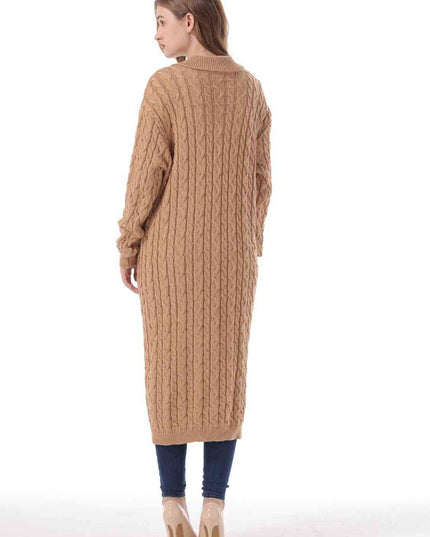 Cable-Knit Collared Neck Cardigan with Pockets