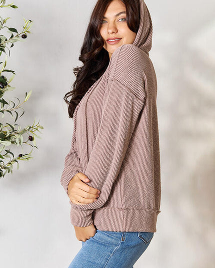 BOMBOM Ribbed Drawstring Exposed Seam Hoodie