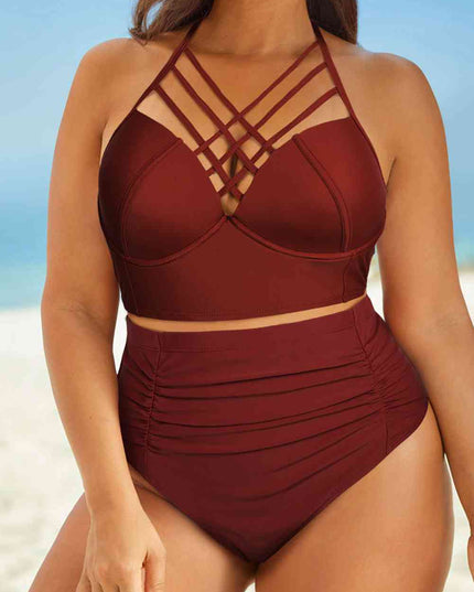 Halter Neck Crisscross Ruched Two-Piece Swimsuit