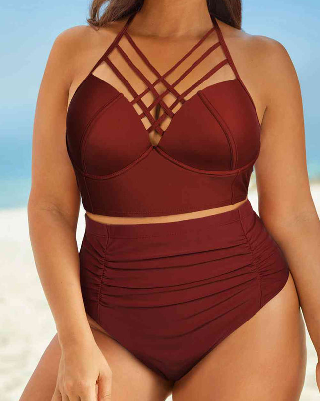 Halter Neck Crisscross Ruched Two-Piece Swimsuit