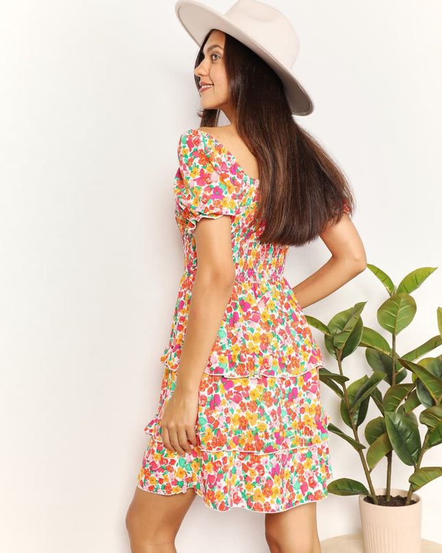 Double Take Smocked Sweetheart Neck Flounce Sleeve Mini Dress