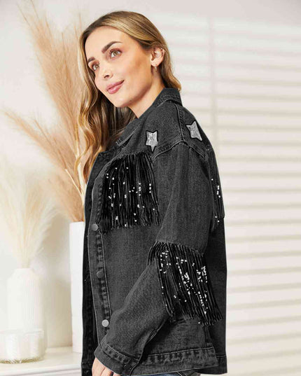 Fringe Detail Long Sleeve Denim Jacket