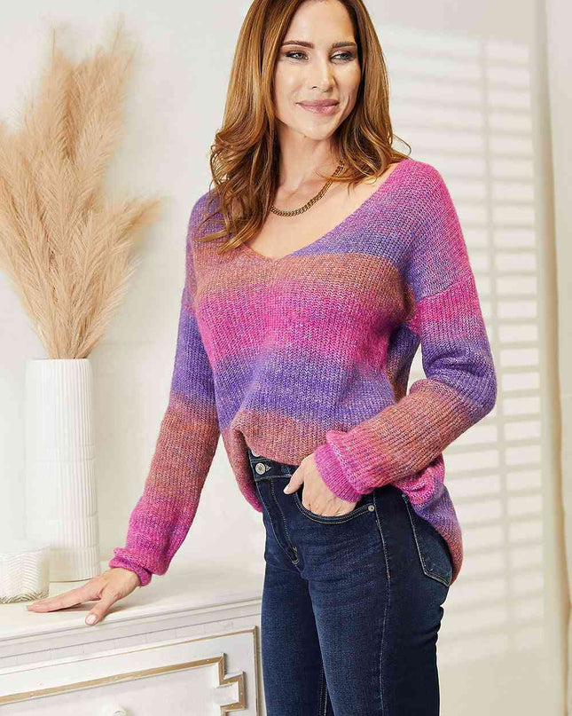 Double Take Multicolored Rib-Knit V-Neck Knit Pullover