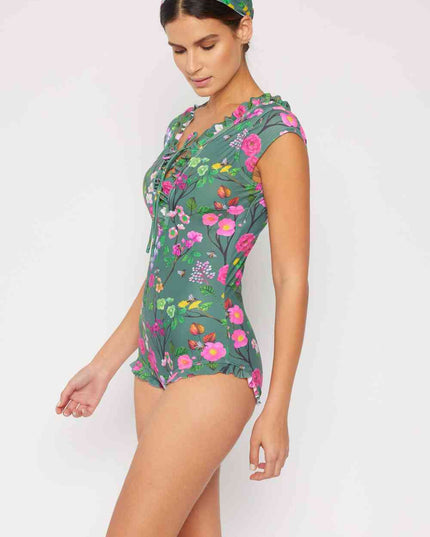 Marina West Swim Bring Me Flowers V-Neck One Piece Swimsuit In Sage