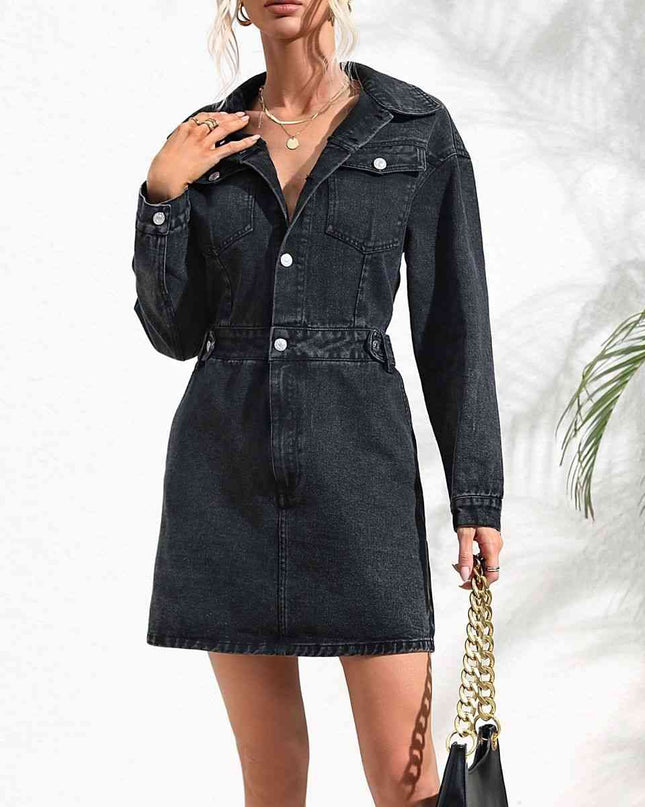 Buttoned Collared Neck Denim Mini Dress