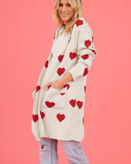 Heart Graphic Open Front Cardigan with Pockets