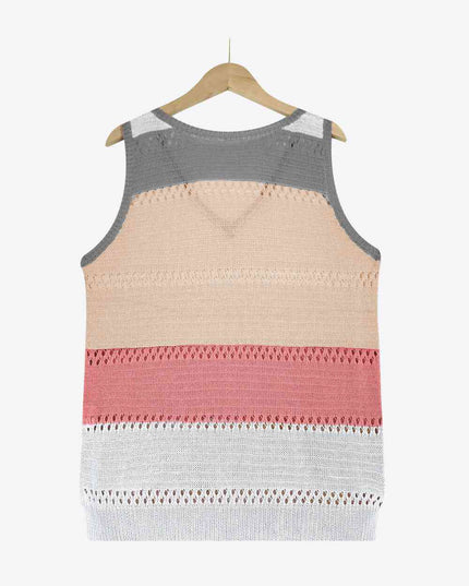 Striped Openwork V-Neck Knit Tank