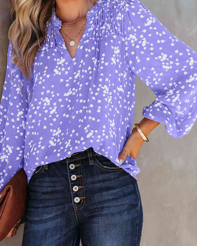 Double Take Printed Notched Neck Smocked Blouse