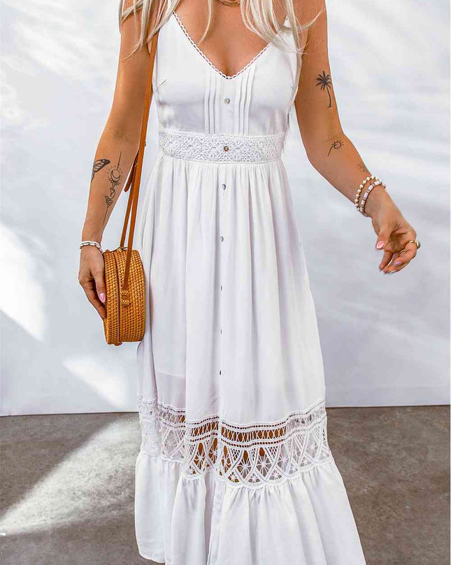 Buttoned Spliced Lace Spaghetti Strap Maxi Dress