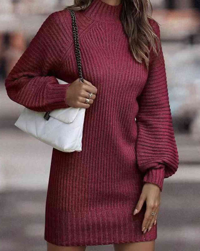 Mock Neck Lantern Sleeve Sweater Dress