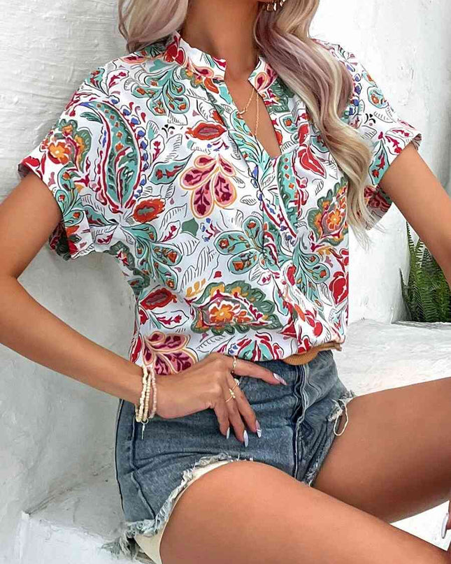 Printed Notched Neck Short Sleeve Blouse