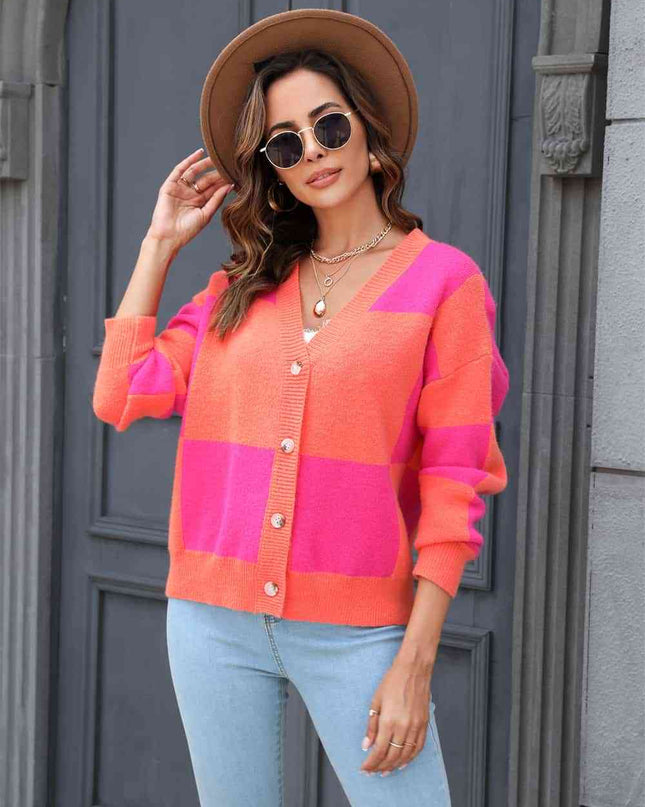 Plaid V-Neck Dropped Shoulder Cardigan