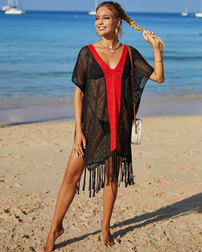 Contrast Fringe Trim Openwork Cover-Up Dress
