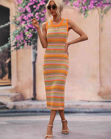 Striped Round Neck Sleeveless Midi Cover Up Dress