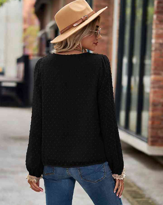 Swiss Dot V-Neck Long Sleeve Blouse