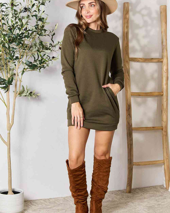 Double Take Round Neck Long Sleeve Mini Dress with Pockets