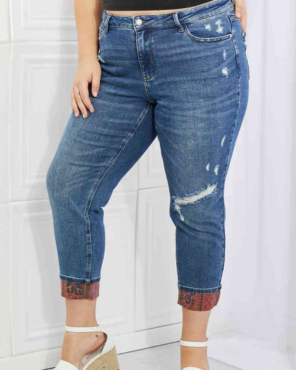 Judy Blue Gina Full Size Mid Rise Paisley Patch Cuff Boyfriend Jeans