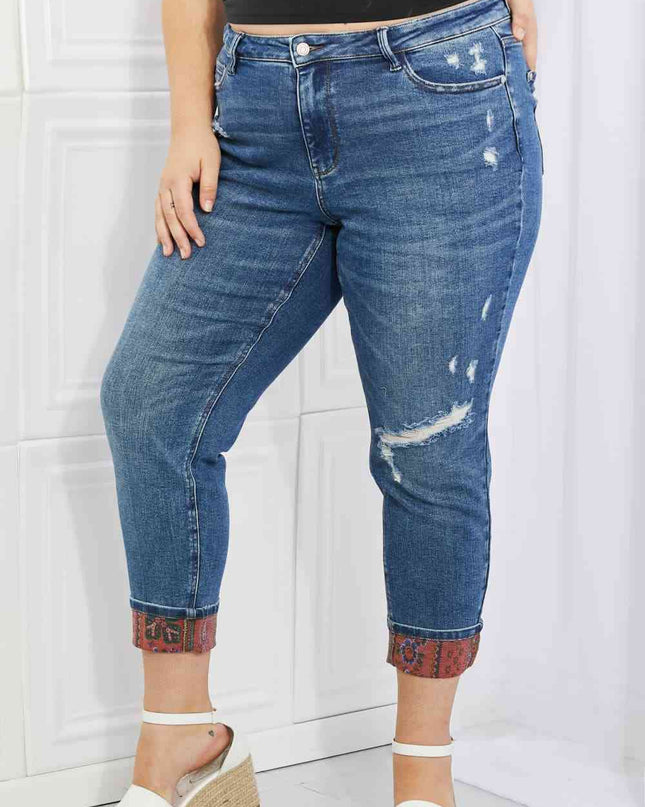 Judy Blue Gina Full Size Mid Rise Paisley Patch Cuff Boyfriend Jeans