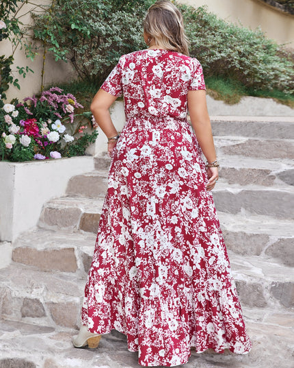Plus Size Slit Printed V-Neck Maxi Dress