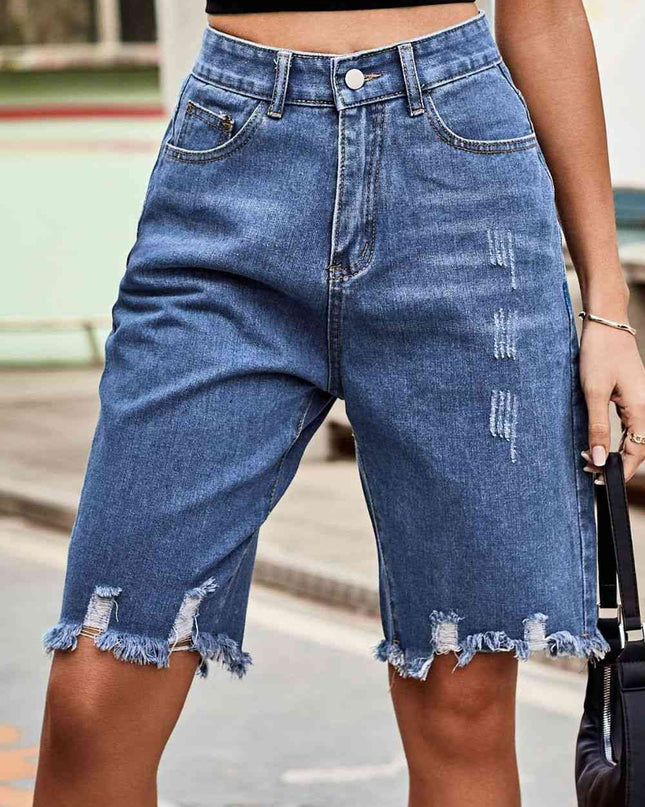 Raw Hem High Waist Denim Shorts with Pockets