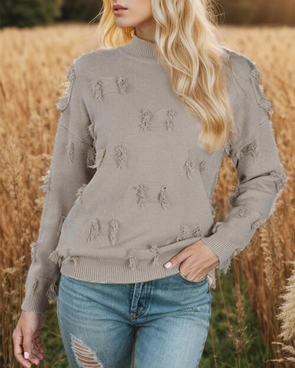 Fringe Detail Long Sleeve Mock Neck Sweater