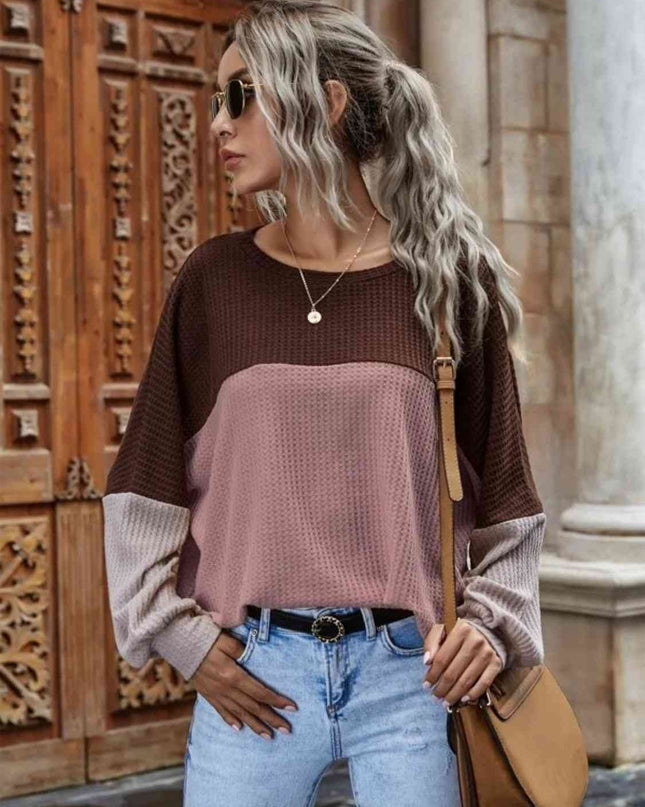 Color Block Waffle-Knit Long Sleeve Top