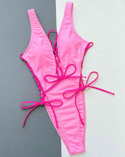 Lace-Up Deep V Sleeveless One-Piece Swimsuit
